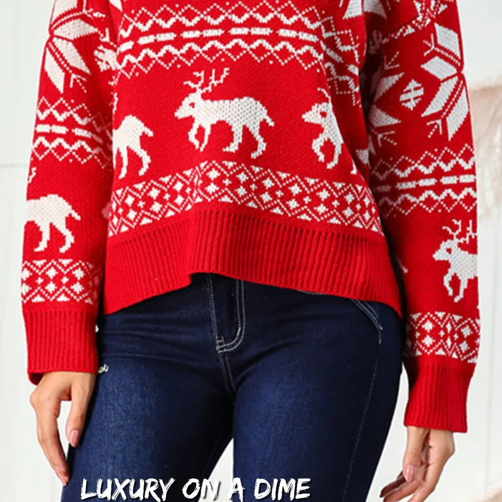 Fair Isle Snowflake Reindeer Knit Round Neck Classic Holiday Minimalist Sweater - Picture 4 of 7